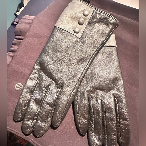 Accessories - Title:
Black Leather Gloves with Grey Contrast Cuff & Button Detail